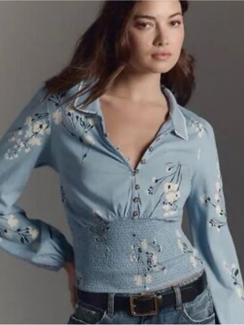 Maeve Light Blue Floral Button-Down Shirt